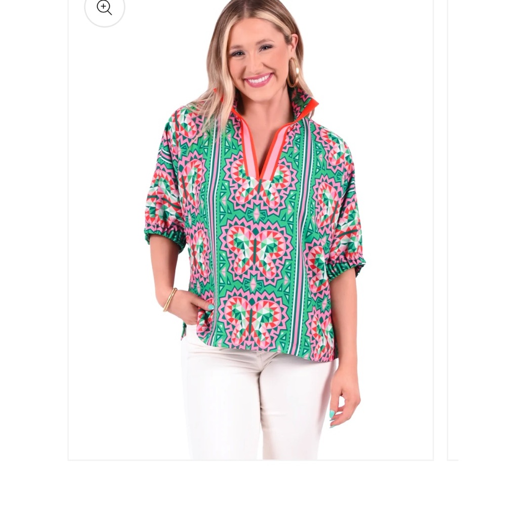 Green Floral-Print Split-Neck Women's Top